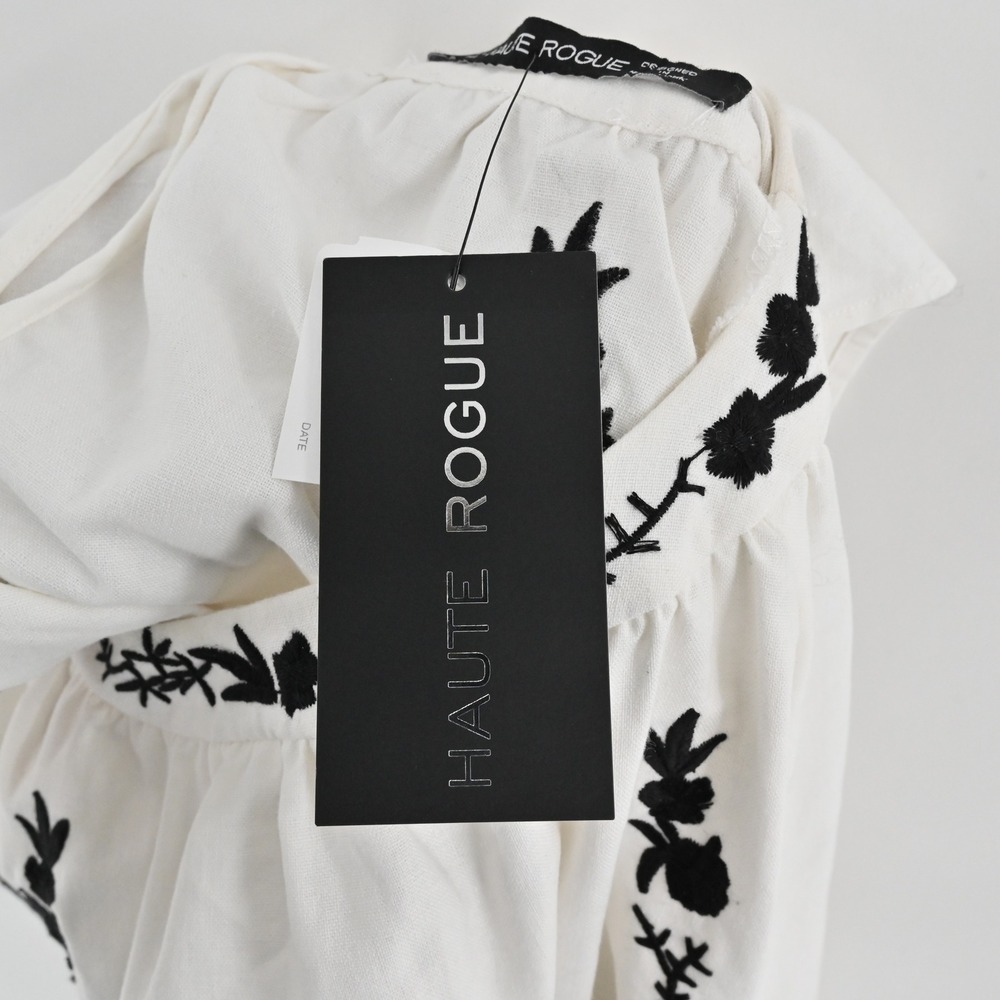 Haute Rogue Embroidered Blouse Womens Size S White Black Floral Cotton Cottage - Picture 9 of 10